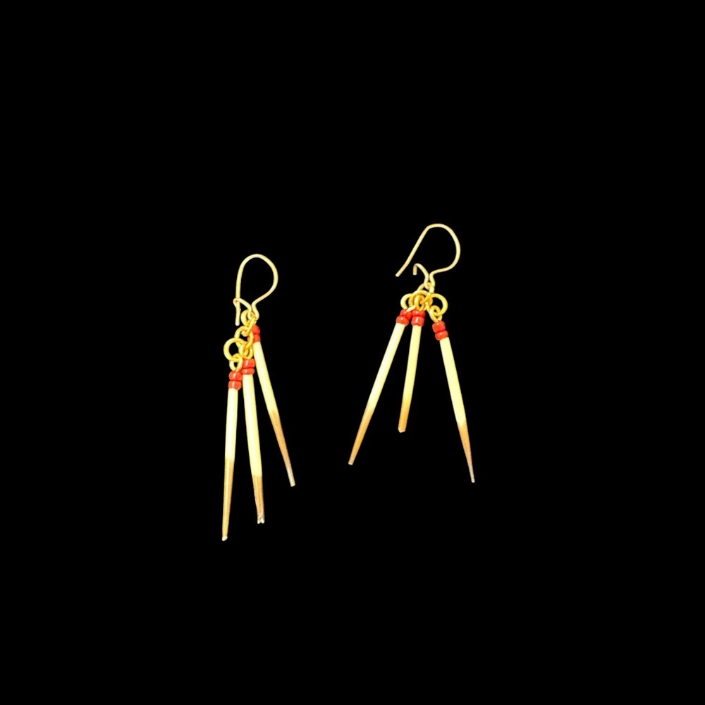 Quill Earrings - Pieced Ears - Copper & Beads - Light Weight Dangle